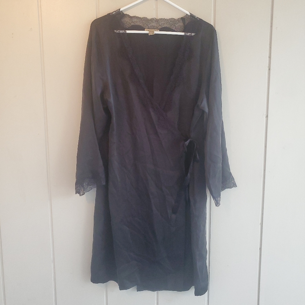 Nordstrom Black Lace-Trim Wrap Robe Vintage Y2k Girlhoodcore L/XL Silk